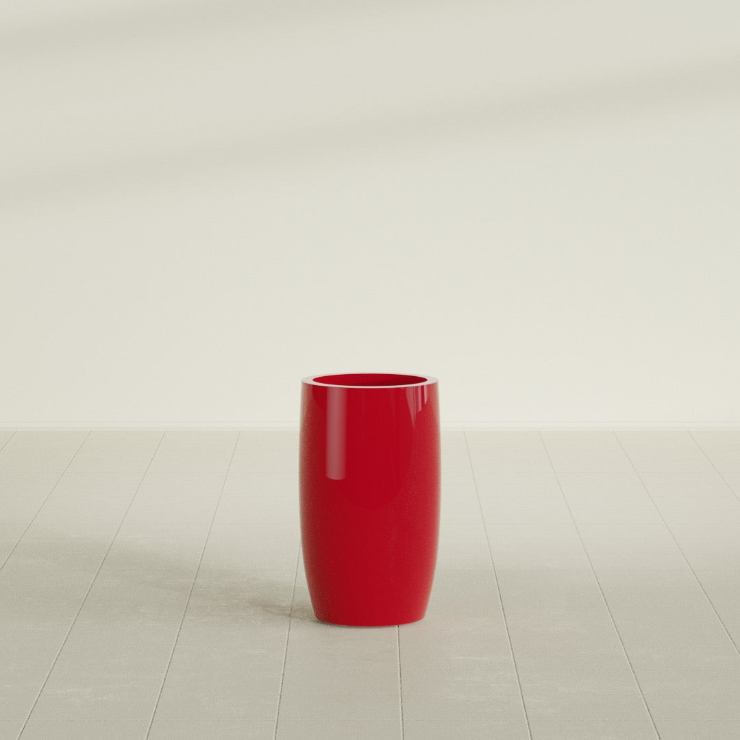 Lisbon tall round tapered fiberglass planter in Gloss Red, 14 in diameter, 25 in high, shown empty
