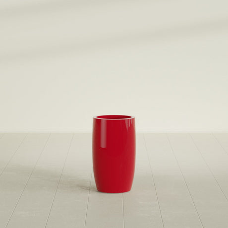 Lisbon tall round tapered fiberglass planter in Gloss Red, 14 in diameter, 25 in high, shown empty