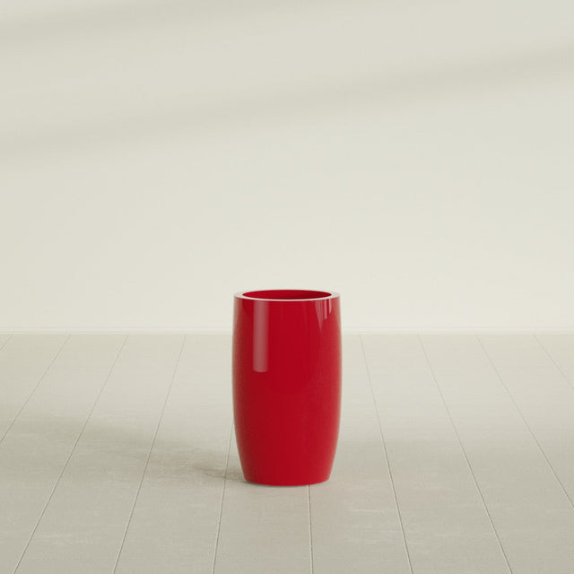 Lisbon tall round tapered fiberglass planter in Gloss Red, 14 in diameter, 25 in high, shown empty