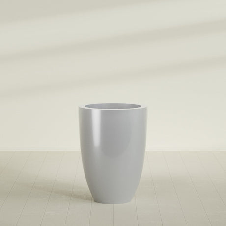 Brannan Tapered Round Planter in Metallic Silver, 30"D × 41"H, shown empty