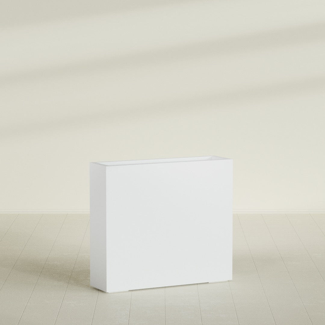 Amesbury Narrow Rectangular Planter in Gloss Bright White, 36"L × 10"D × 32"H, shown empty