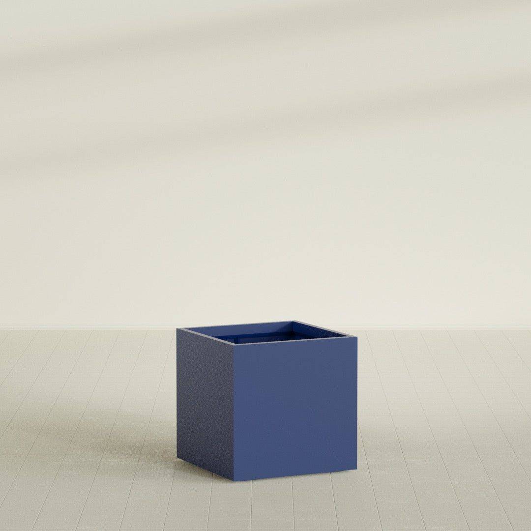 Montroy Cube Planter in Matte Cobalt Blue, 32", shown empty