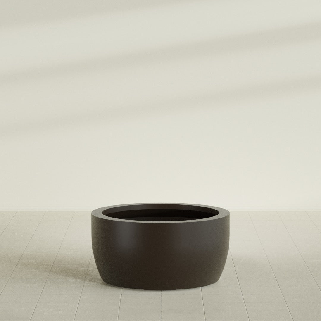 Casablanca Bowl Planter in Matte Dark Brown, 36"D × 18"H, shown empty