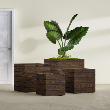 Asheville Cube planter in textured walnut, size range, in a sunlit interior