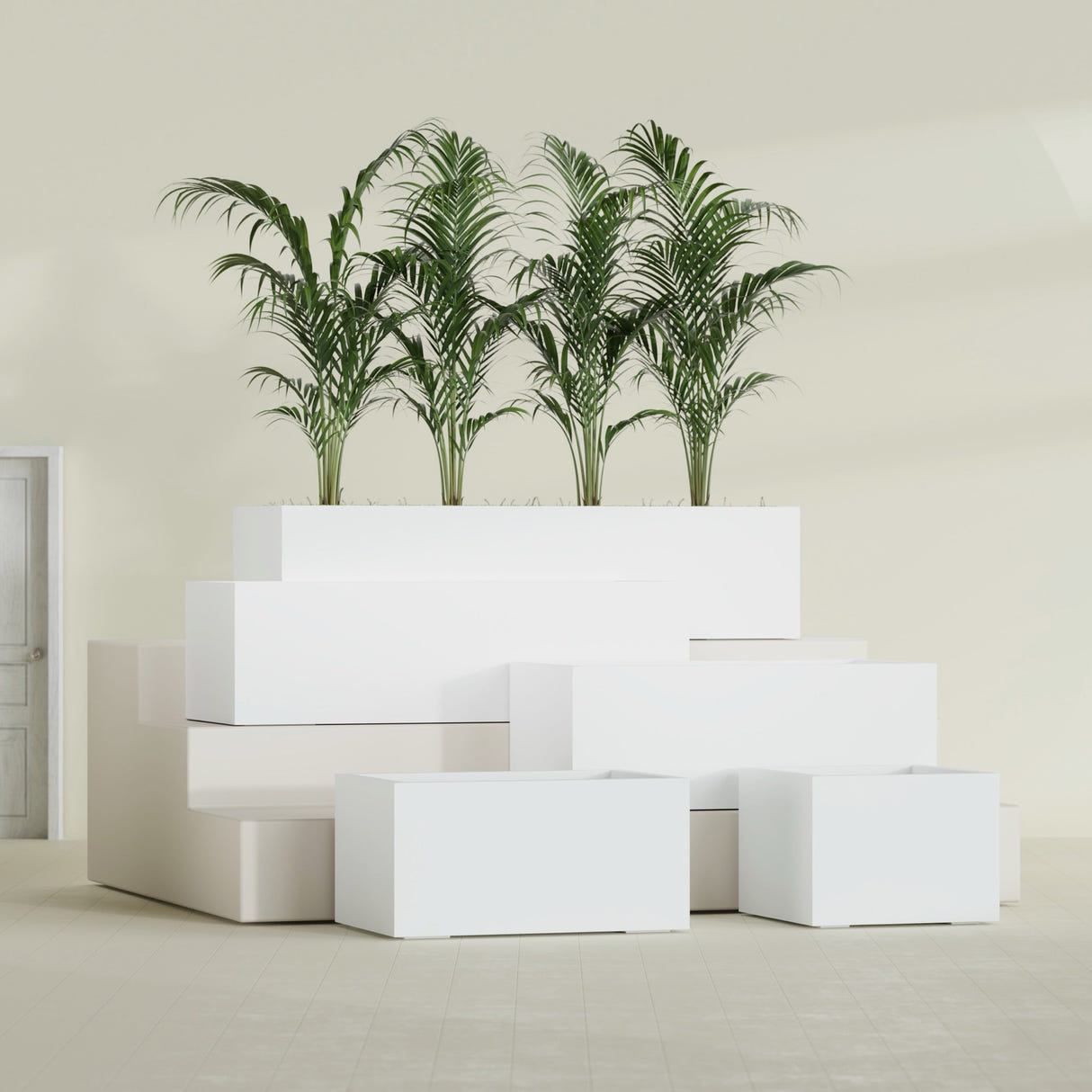 Torino Wide Rectangular fiberglass planter in Matte Bright White, size range, in a sunlit interior