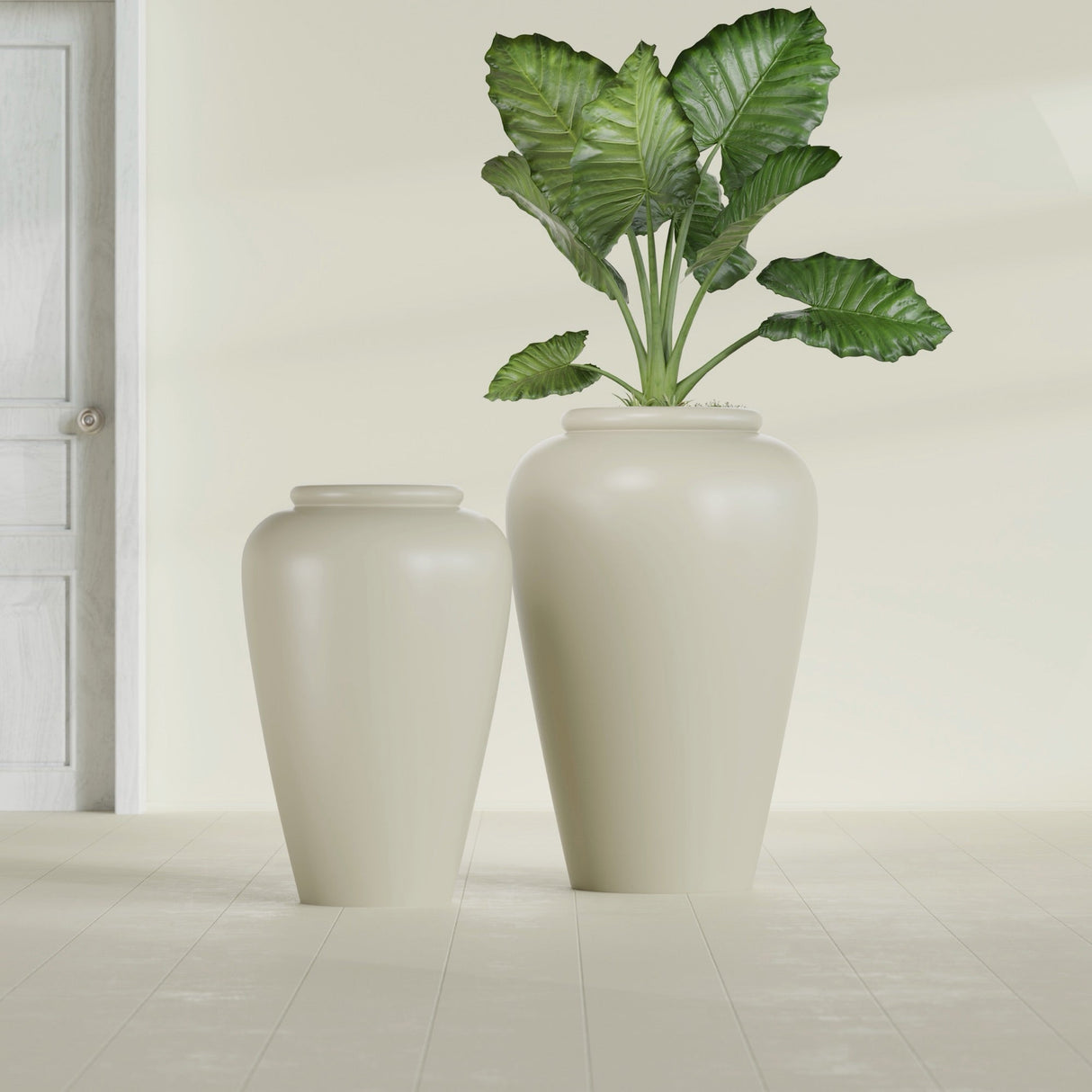 Barà Jar fiberglass planter in Satin Beige, size range, in a sunlit interior
