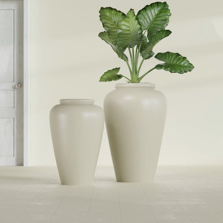 Barà Jar fiberglass planter in Satin Beige, size range, in a sunlit interior