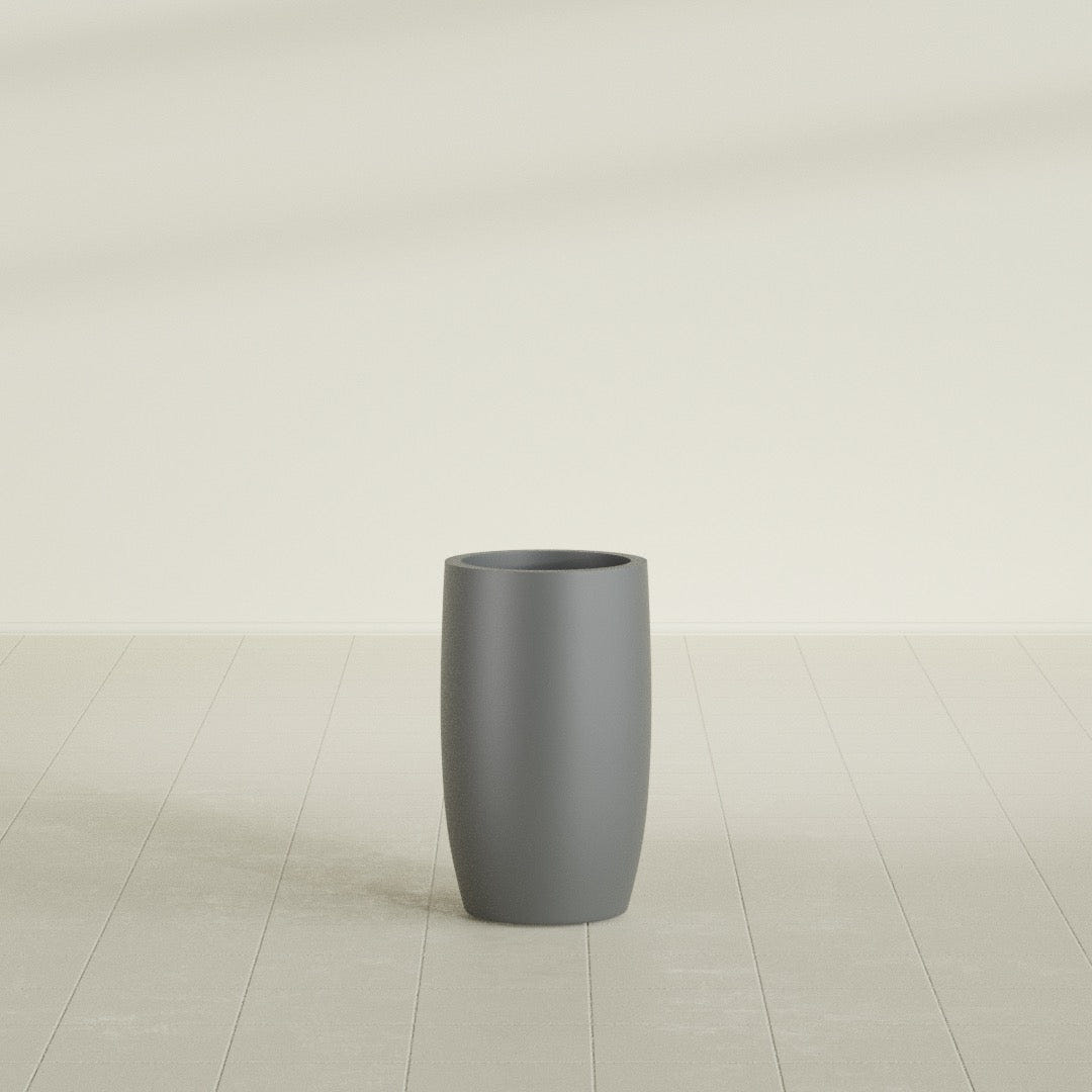 Lisbon tall round tapered fiberglass planter in Matte Gunmetal, 14 in diameter, 25 in high, shown empty