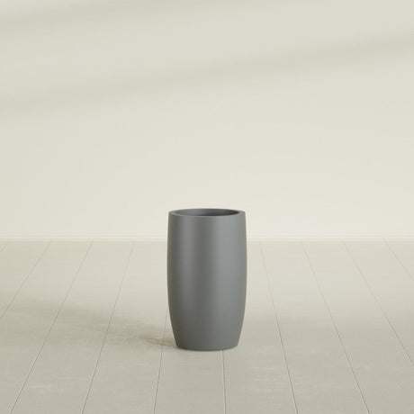 Lisbon tall round tapered fiberglass planter in Matte Gunmetal, 14 in diameter, 25 in high, shown empty