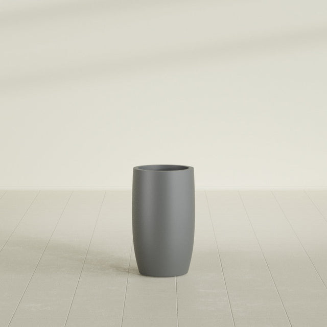 Lisbon tall round tapered fiberglass planter in Matte Gunmetal, 14 in diameter, 25 in high, shown empty