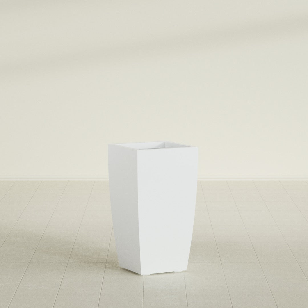 Toulan Tapered Square Planter in Matte Bright White, 16"W × 30"H, shown empty