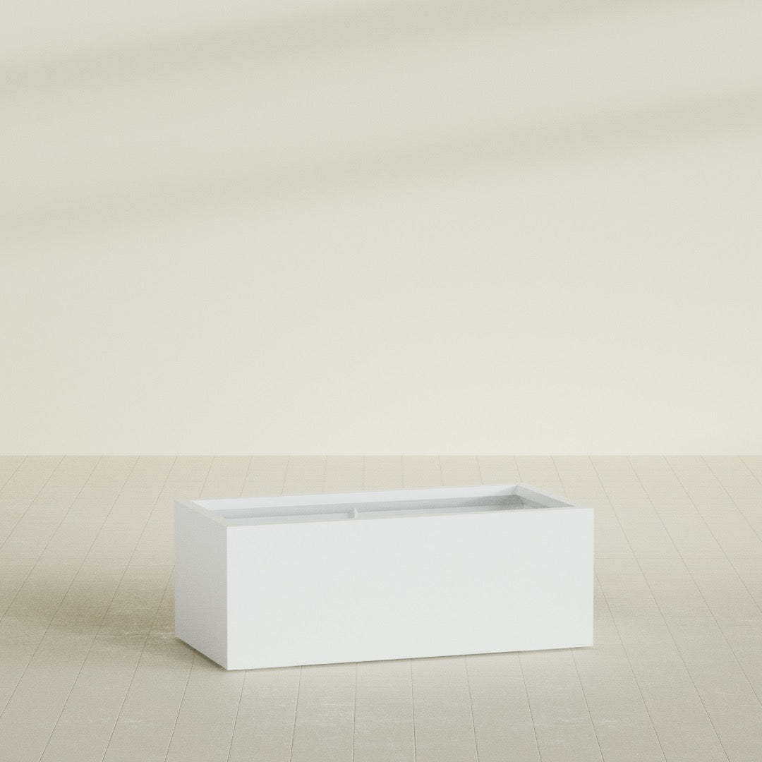 Torino Wide Rectangular Planter in Matte Bright White, 48"L × 24"D × 18"H, shown empty