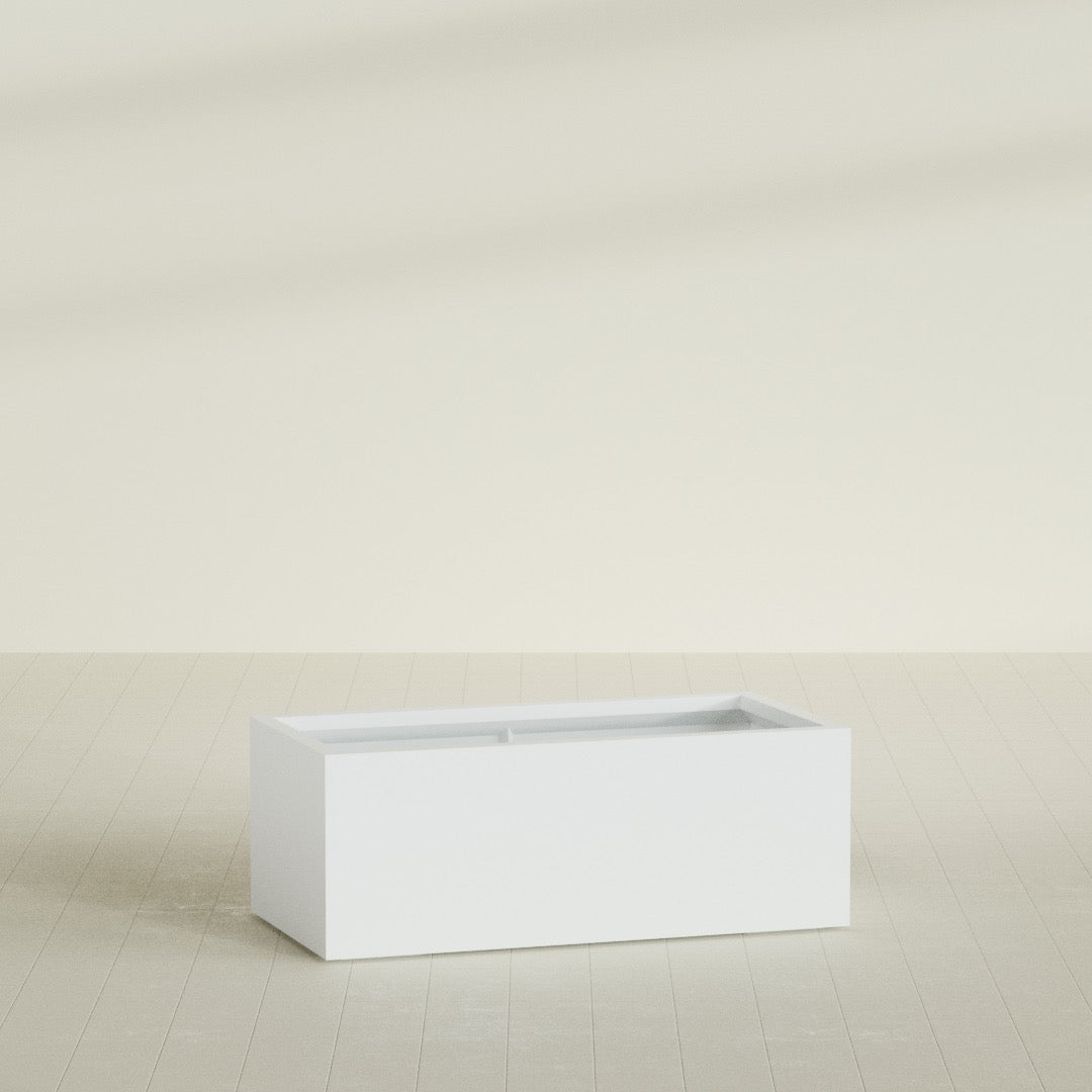 Torino Wide Rectangular Planter in Matte Bright White, 48"L × 24"D × 18"H, shown empty