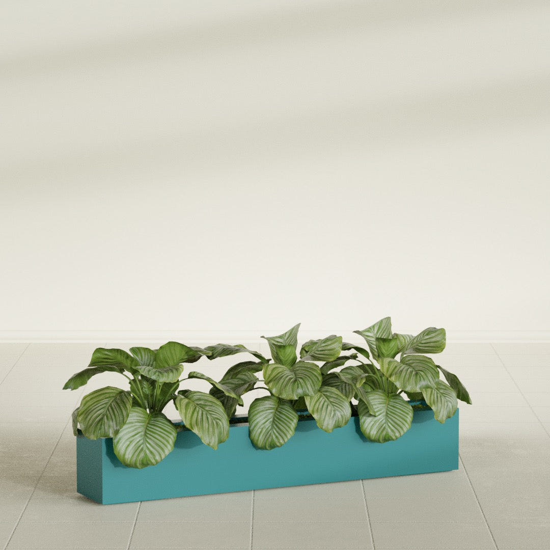Salon Box fiberglass planter in Satin Seafoam Green, shown planted, in a sunlit interior