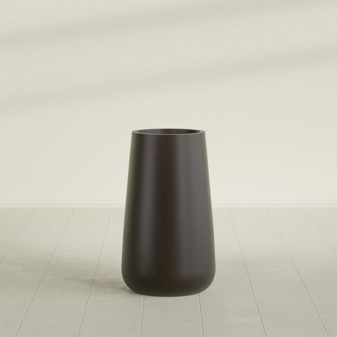 Saigon Tapered Round Planter in Matte Dark Brown, 19"D × 42"H, shown empty
