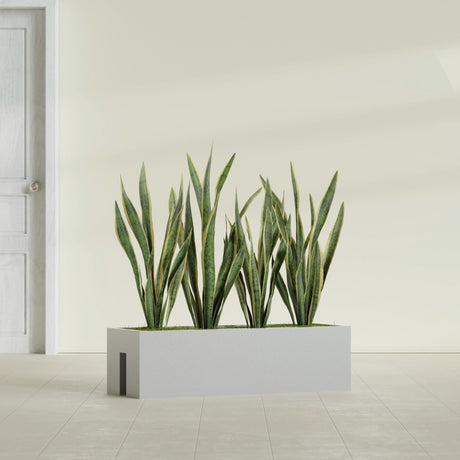 Tiergarden Railing fiberglass planter in Metallic Silver, shown planted, in a sunlit interior