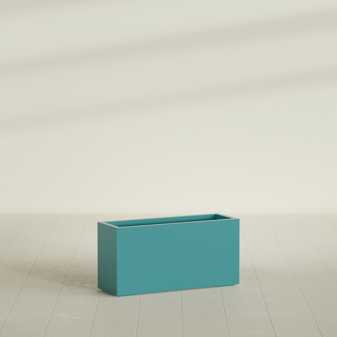 Hollywood Narrow Rectangular Planter in Satin Seafoam Green, 36"L × 12"D × 24"H, shown empty