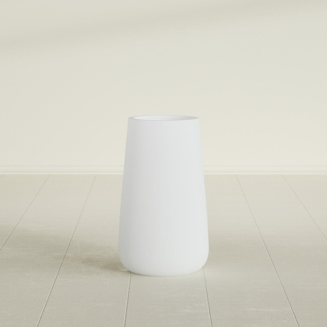 Saigon Tapered Round Planter in Gloss Bright White, 14"D × 30"H, shown empty
