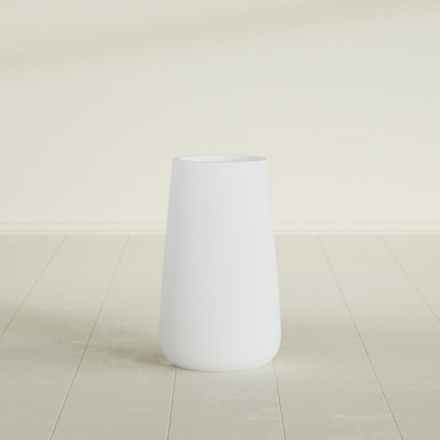 Saigon Tapered Round Planter in Gloss Bright White, 14"D × 30"H, shown empty