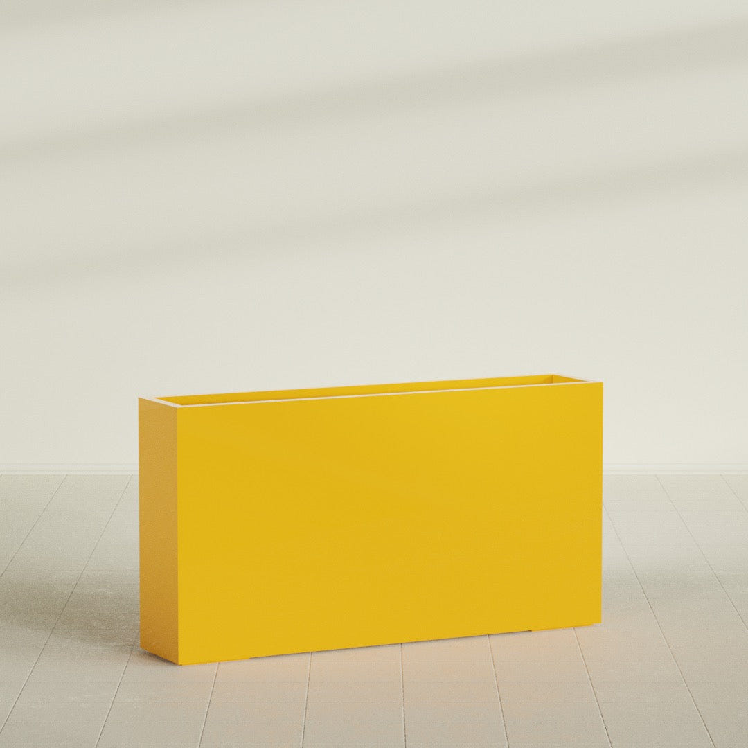 Delray Rectangular Planter in Gloss Saffron, 60"L × 12"D × 32"H, shown empty