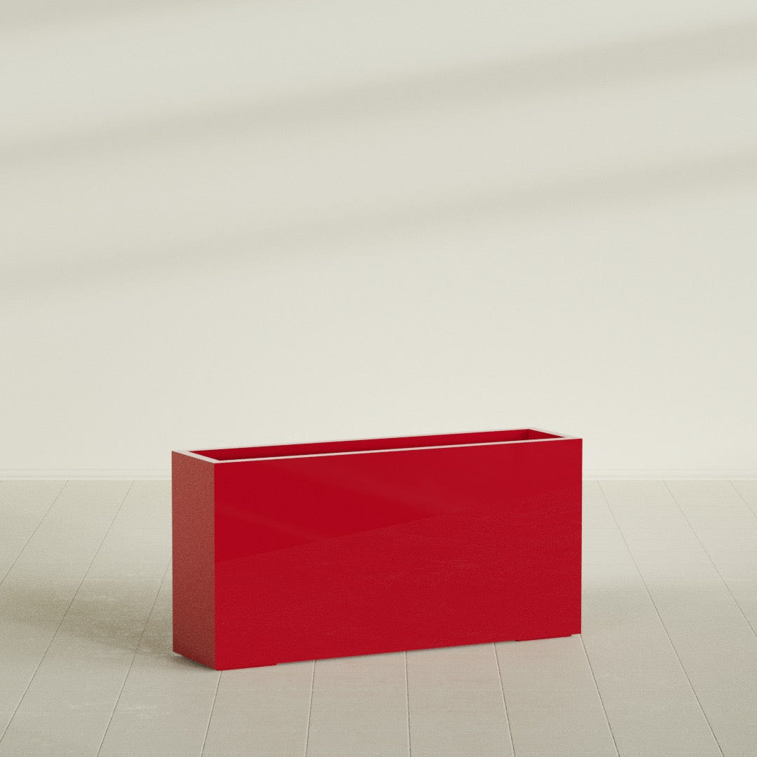 Hollywood Narrow Rectangular Planter in Gloss Red, 48"L × 12"D × 24"H, shown empty