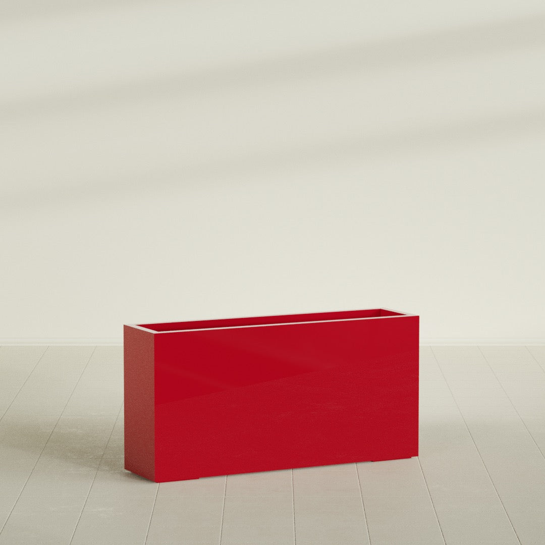 Hollywood Narrow Rectangular Planter in Gloss Red, 48"L × 12"D × 24"H, shown empty