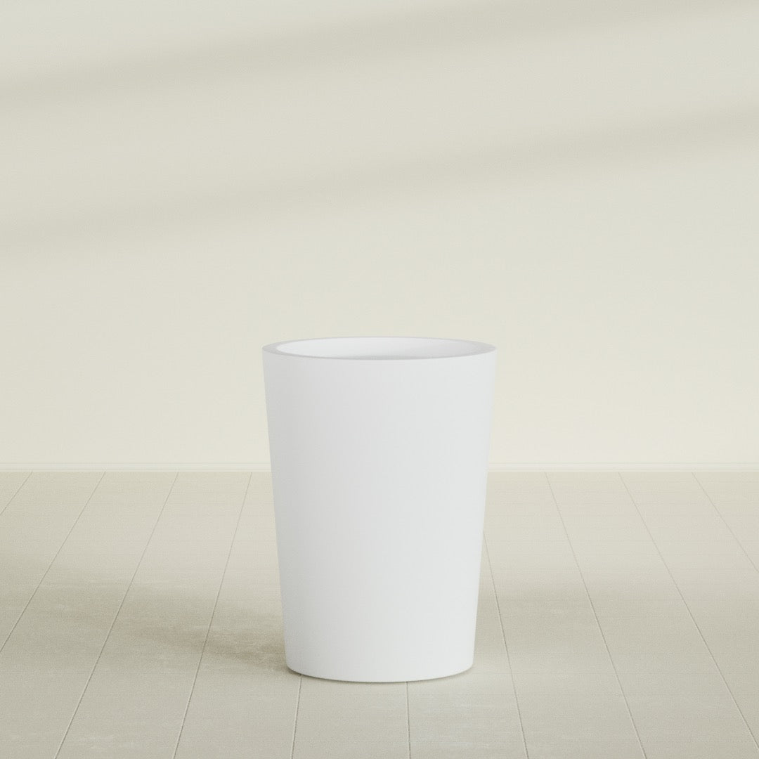 Tegel Round Tapered Planter in Gloss Bright White, 22"D × 30"H, shown empty