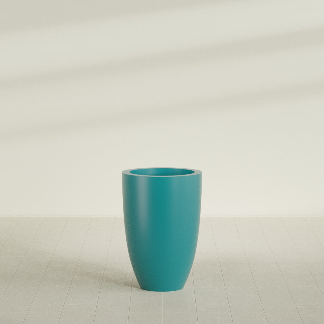 Brannan Tapered Round Planter in Satin Seafoam Green, 24"D × 35"H, shown empty