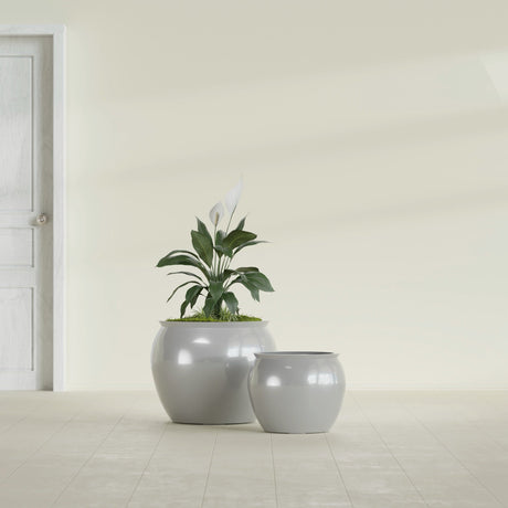 Shanghai Fishbowl fiberglass planter in Metallic Silver, size range, in a sunlit interior