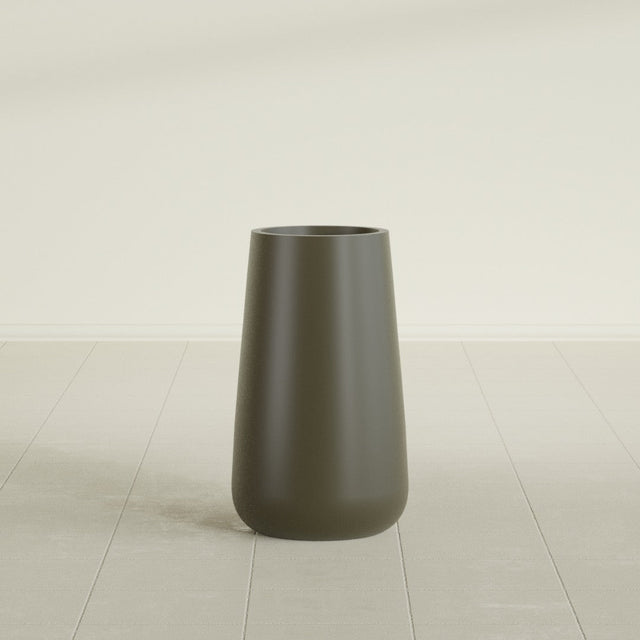 Saigon Tapered Round Planter in Matte Bronze, 14"D × 30"H, shown empty