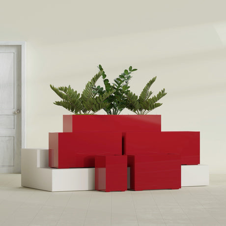 Tolga Rectangular fiberglass planter in Gloss Red, size range, in a sunlit interior