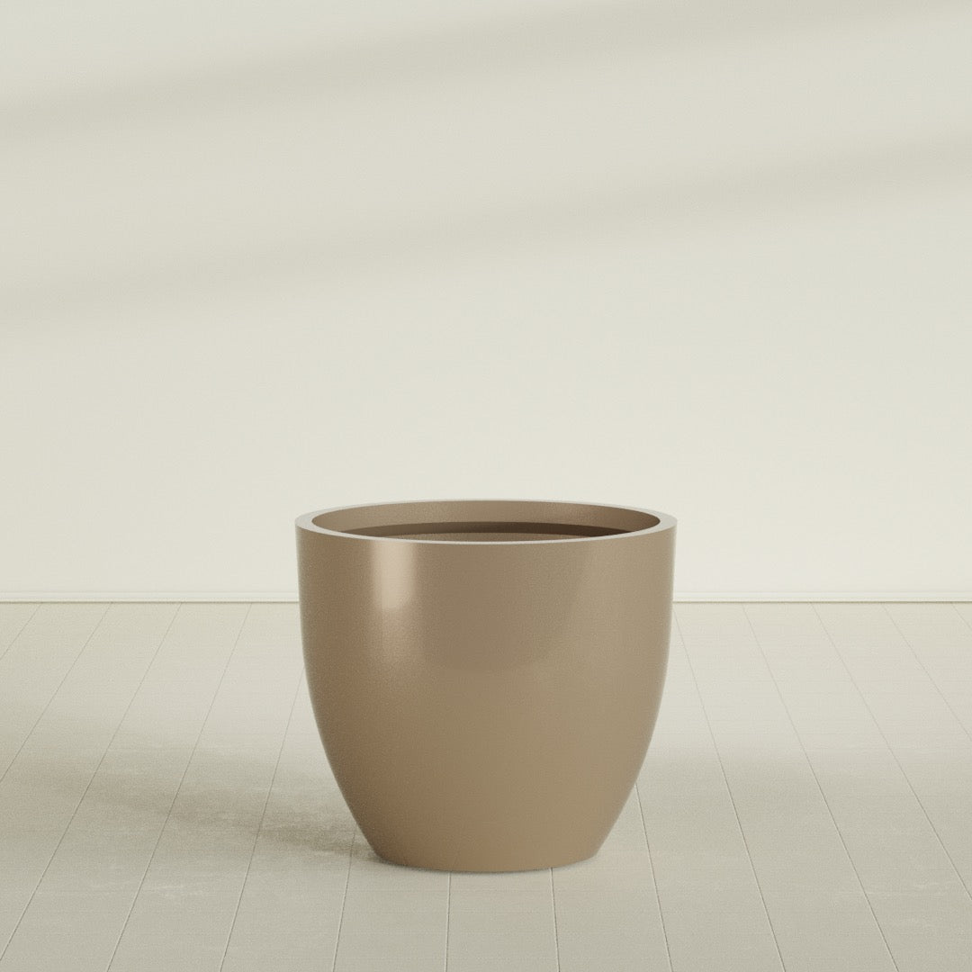 Wannsee Round Planter in Gloss Metallic Gold, 44"D × 39"H, shown empty