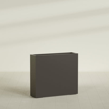 Amesbury Narrow Rectangular Planter in Matte Dark Brown, 36"L × 10"D × 32"H, shown empty