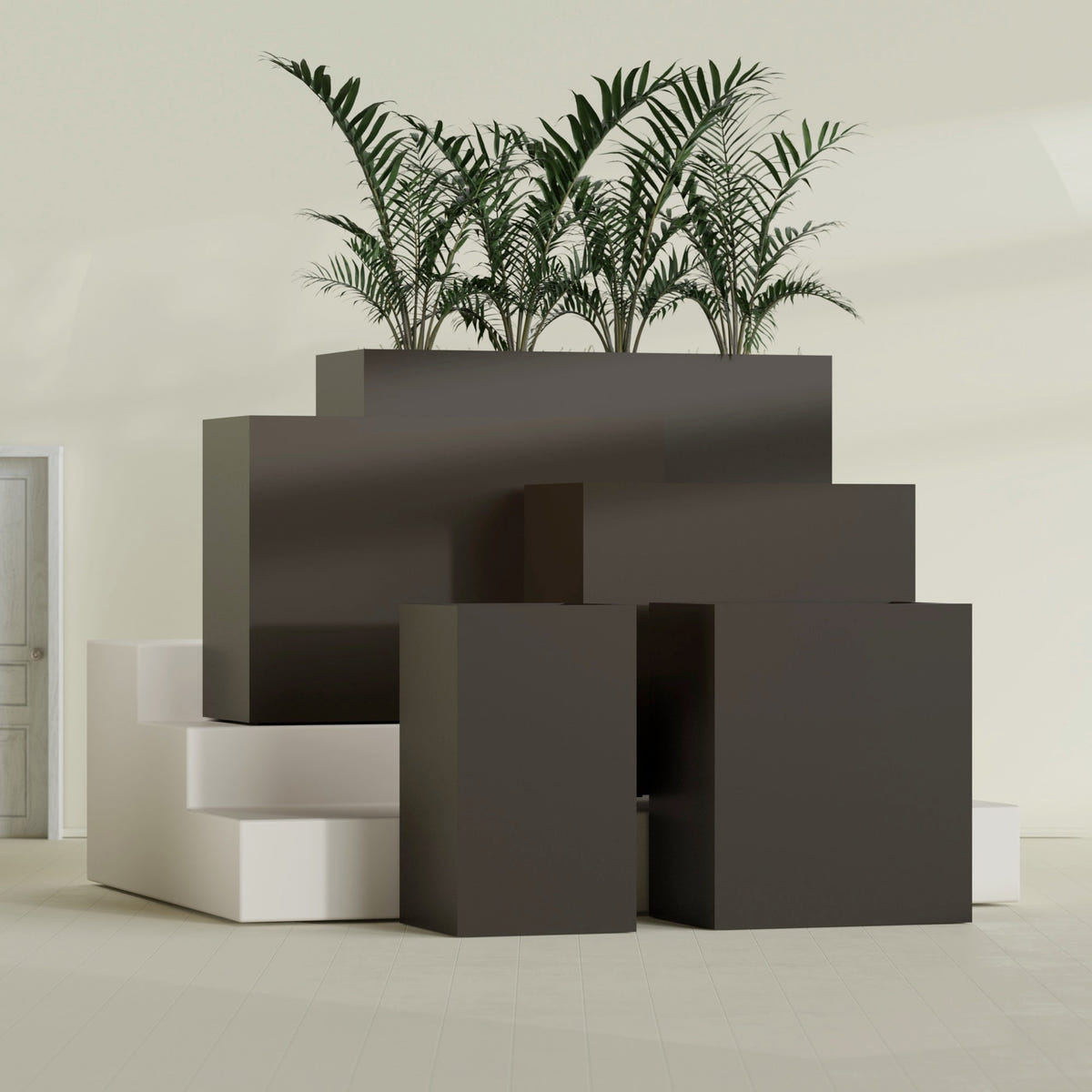 Darwin Rectangular fiberglass planter in Matte Dark Brown, size range, in a sunlit interior