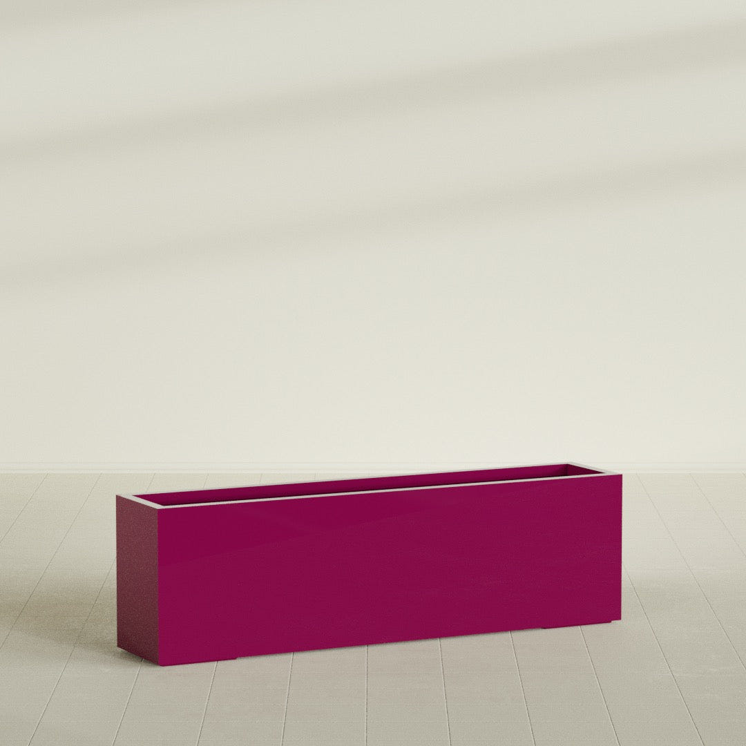 Miami Narrow Rectangular Planter in Gloss Eggplant, 60"L × 12"D × 18"H, shown empty