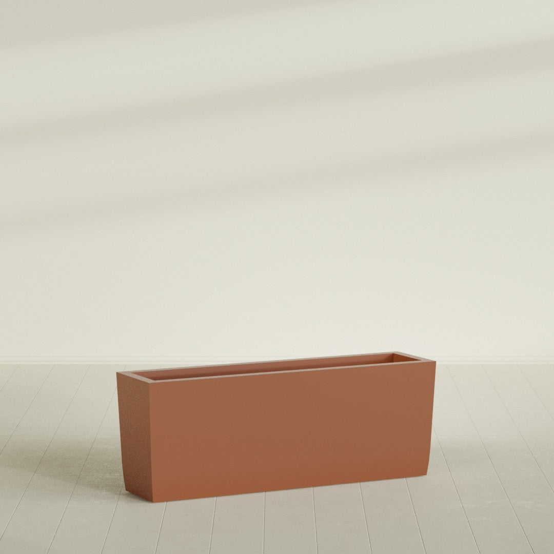 Panama Tapered Rectangular Planter in Matte Terra Cotta, 48"L × 12"D × 18"H, shown empty