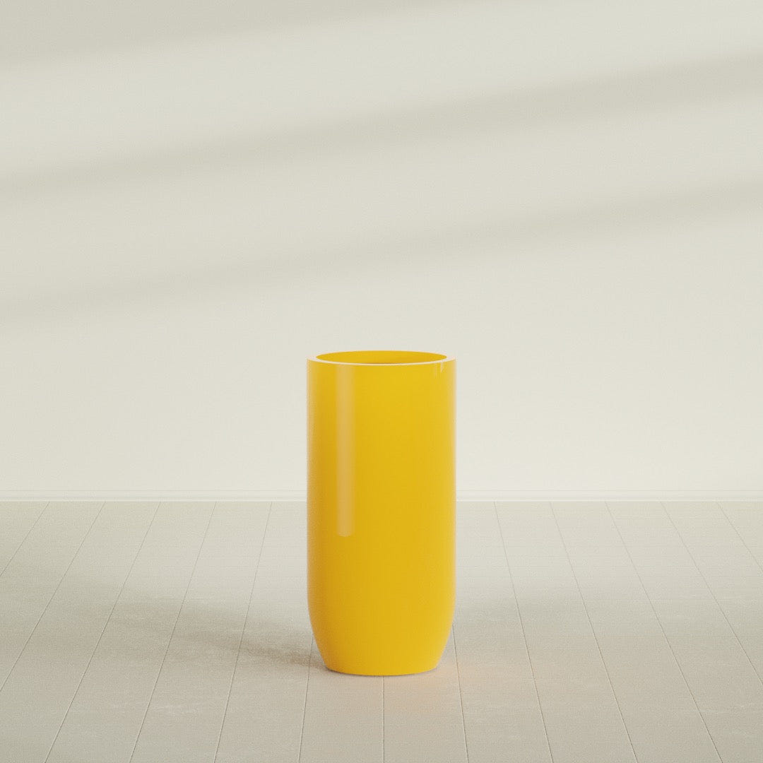 Saint Tropez Bullet Round Planter in Gloss Saffron, 24"D × 50"H, shown empty