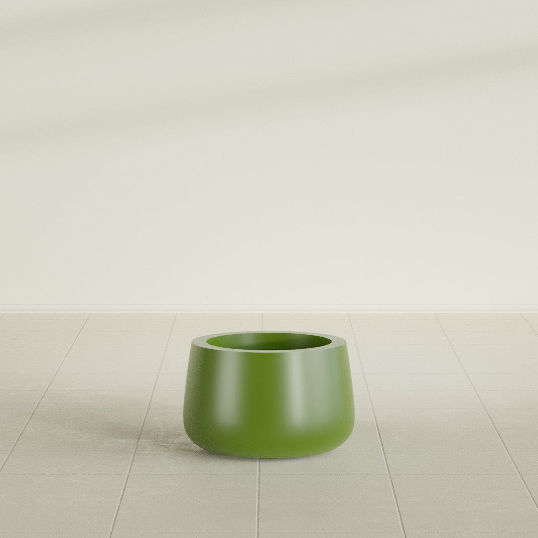 Short Hayden Bowl Planter in Satin Green, 12"D × 7"H, shown empty