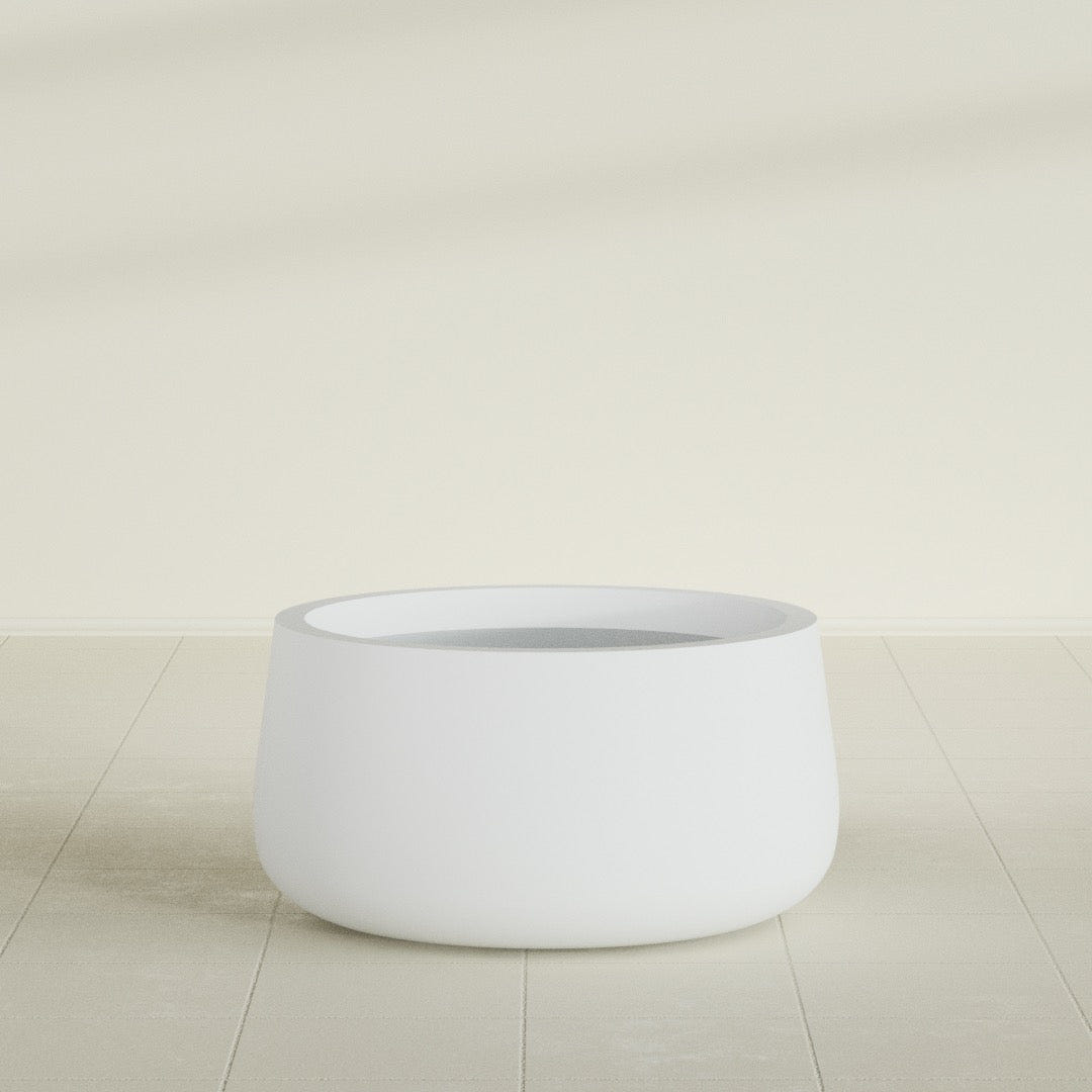 Short Hayden Bowl Planter in Gloss Bright White, 20"D × 10"H, shown empty