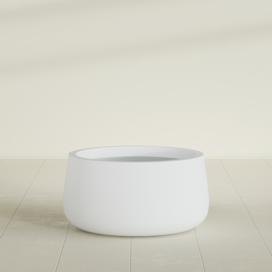 Short Hayden Bowl Planter in Gloss Bright White, 20"D × 10"H, shown empty