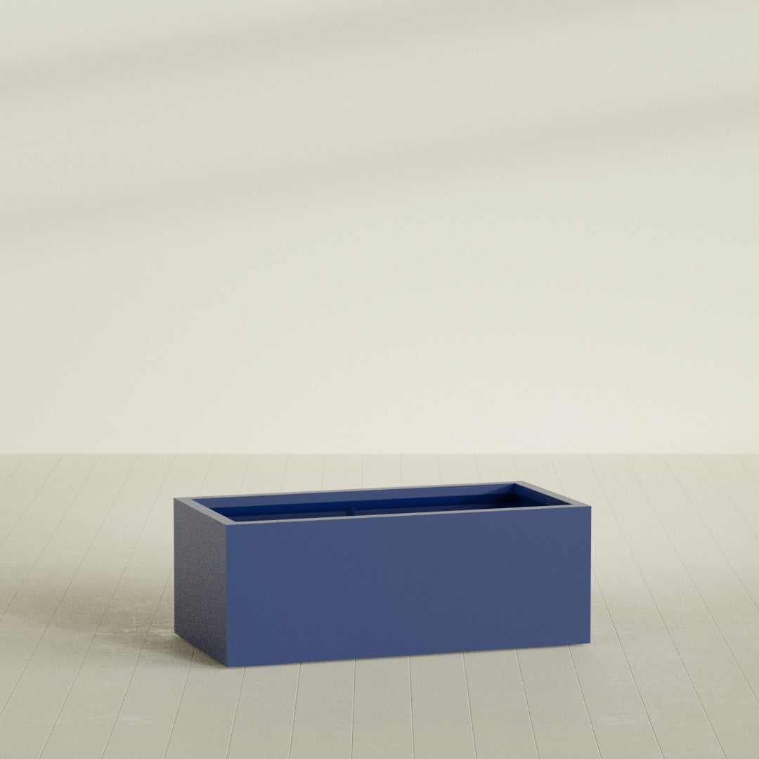 Torino Wide Rectangular Planter in Matte Cobalt Blue, 48"L × 24"D × 18"H, shown empty