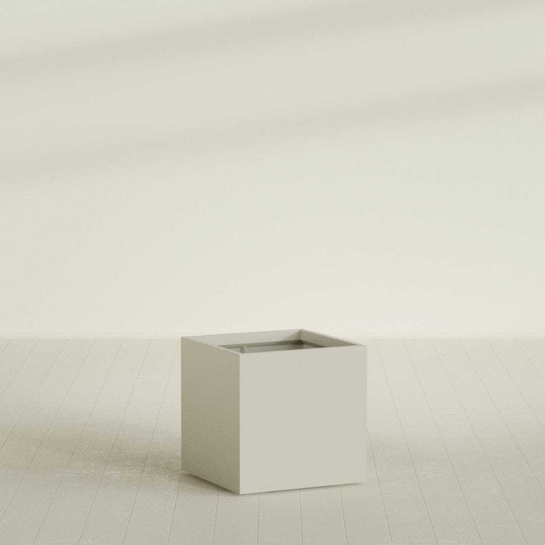 Montroy Cube Planter in Satin Beige, 32", shown empty
