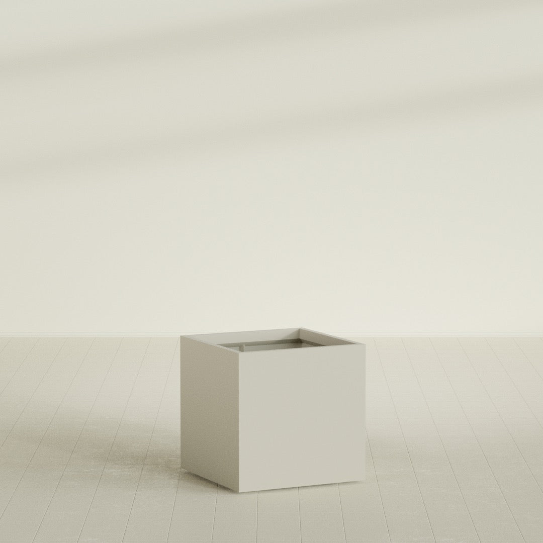 Montroy Cube Planter in Satin Beige, 32", shown empty