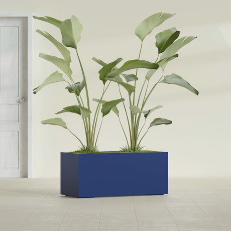 Badalona Rectangular fiberglass planter in Matte Cobalt Blue, shown planted, in a sunlit interior