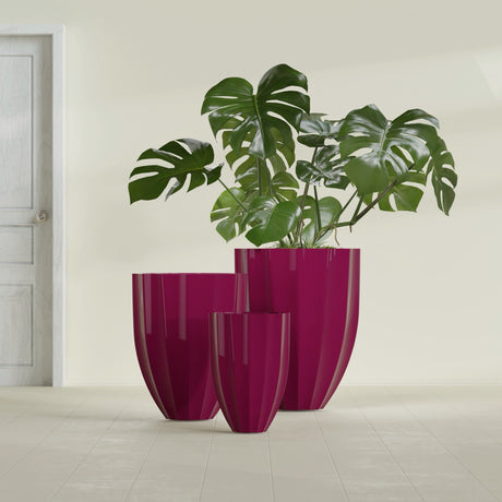 Alicante Fluted Planter in Gloss Eggplant, 15"D × 21"H, shown empty