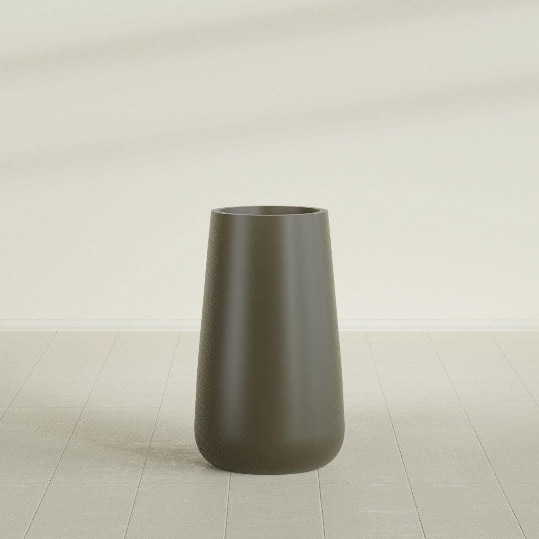 Saigon Tapered Round Planter in Matte Bronze, 19"D × 42"H, shown empty
