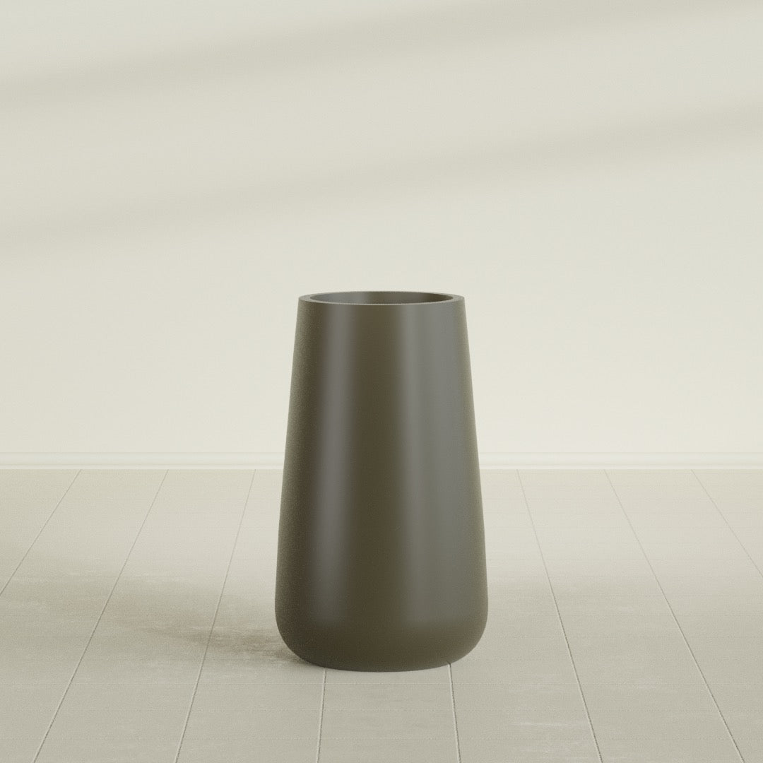 Saigon Tapered Round Planter in Matte Bronze, 19"D × 42"H, shown empty