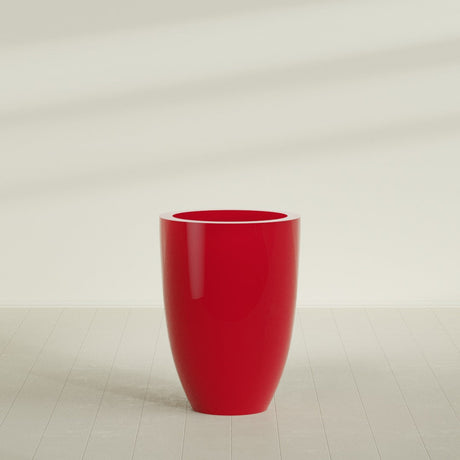 Brannan Tapered Round Planter in Gloss Red, 30"D × 41"H, shown empty