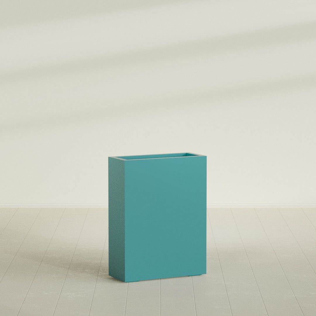 Amesbury Narrow Rectangular Planter in Satin Seafoam Green, 24"L × 10"D × 32"H, shown empty