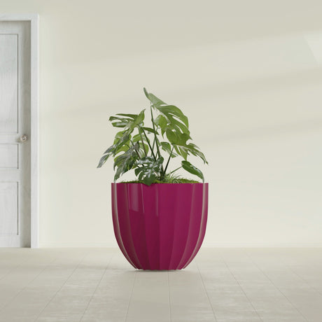 Santa Barbara Fluted Round fiberglass planter in Gloss Eggplant, shown planted, in a sunlit interior